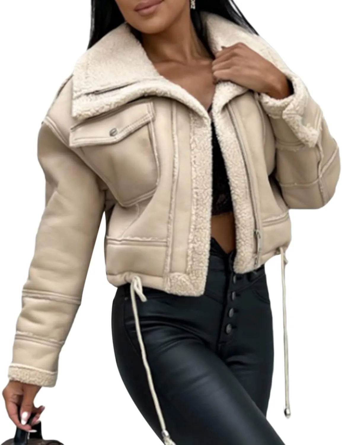Winter Clothes Women Leather Open Front Jacket Contrast Color Plush Collar Cardigan with Belt Outwear Streetwear
