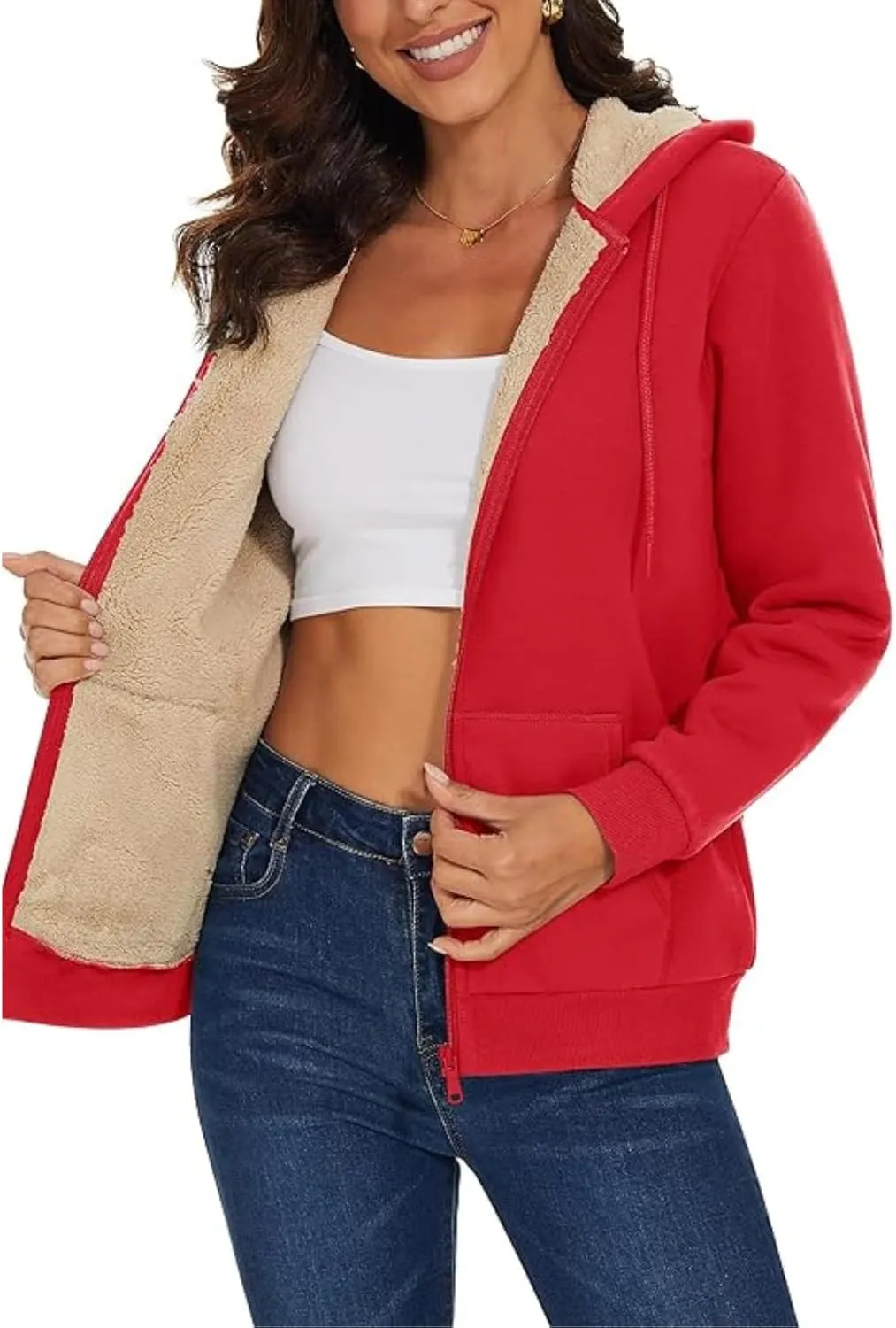 Winter Coats for Women Full Zip Sherpa Lined Hoodie Plain Warm Fleece Jacket Lightweight Versatile Sweatshirts