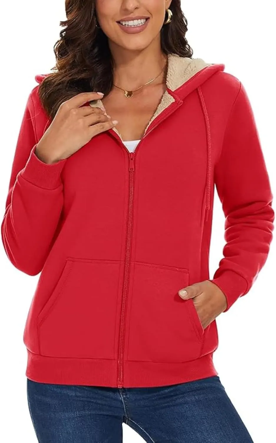 Winter Coats for Women Full Zip Sherpa Lined Hoodie Plain Warm Fleece Jacket Lightweight Versatile Sweatshirts