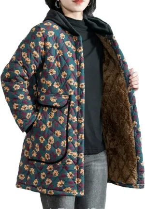 Winter Jacket Thickened Hooded Cotton Padded Clothes Medium Long Loose Floral Fleece Coat