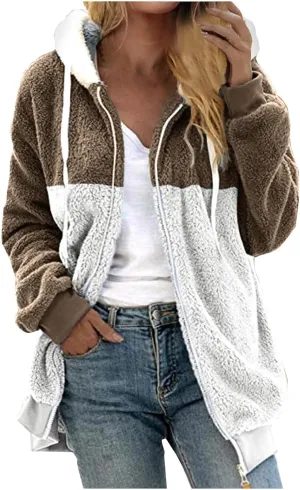Winter Jackets for Women Fuzzy Fleece Hooded Cardigan Coats Color Block Patchwork Zip Up Oversized Hoodie Outwear