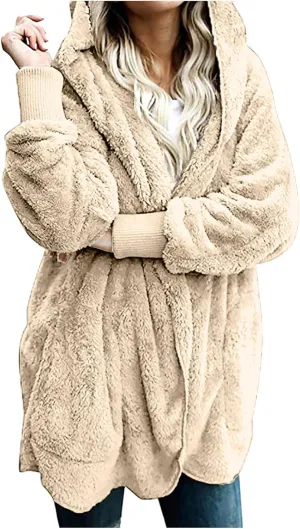 Women 2023 Fall Winter Fleece Jackets Oversized Long Sleeve Open Front Hooded Sherpa Cardigan Warm Fuzzy Coat Outwear