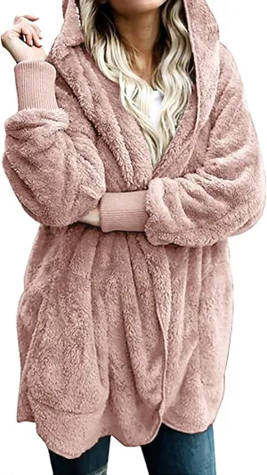 Women 2023 Fall Winter Fleece Jackets Oversized Long Sleeve Open Front Hooded Sherpa Cardigan Warm Fuzzy Coat Outwear
