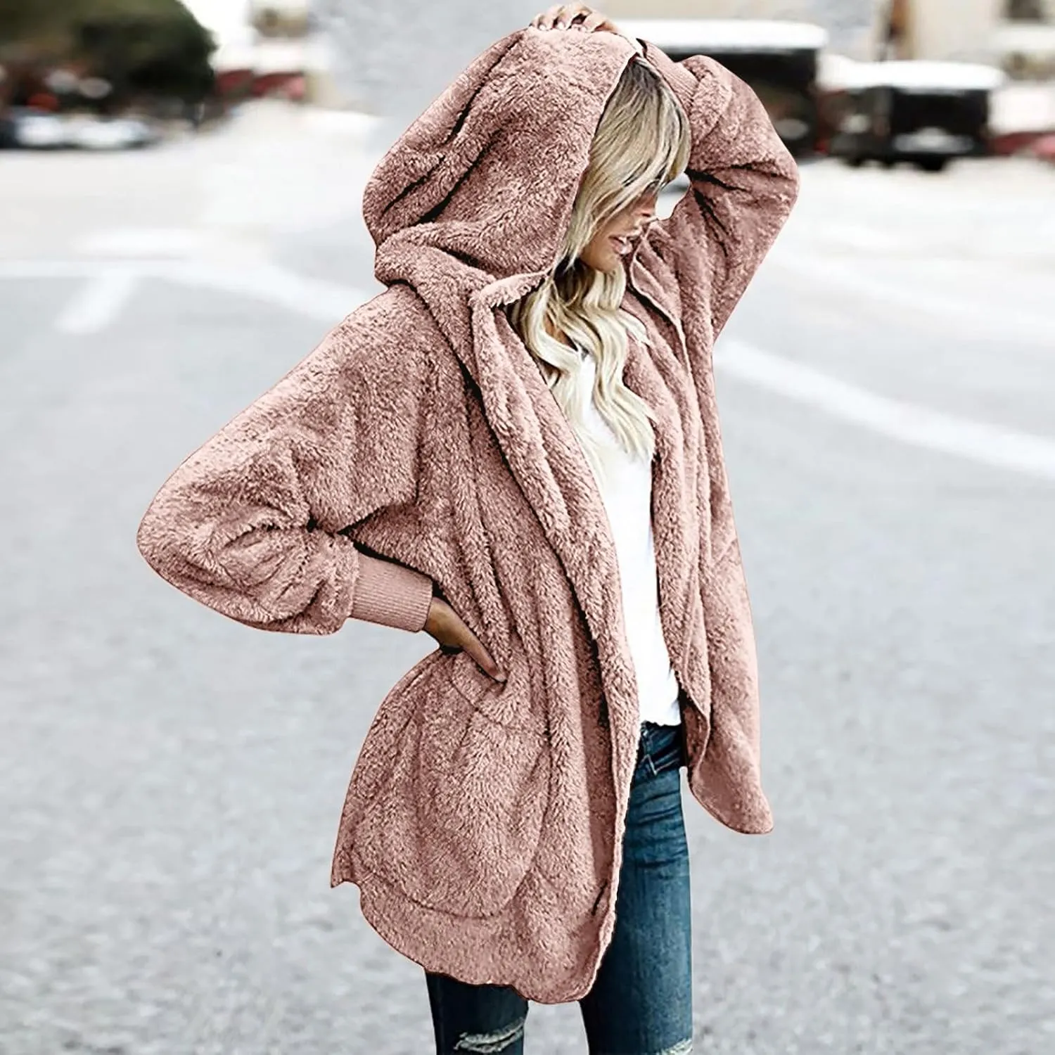 Women 2023 Fall Winter Fleece Jackets Oversized Long Sleeve Open Front Hooded Sherpa Cardigan Warm Fuzzy Coat Outwear