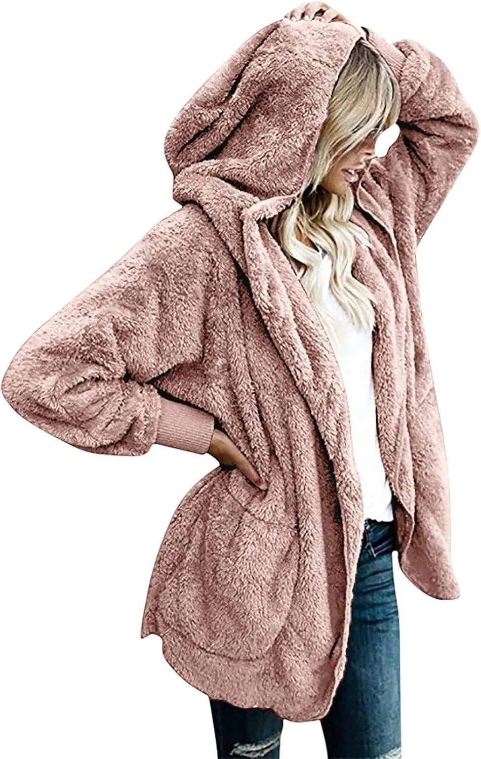 Women 2023 Fall Winter Fleece Jackets Oversized Long Sleeve Open Front Hooded Sherpa Cardigan Warm Fuzzy Coat Outwear