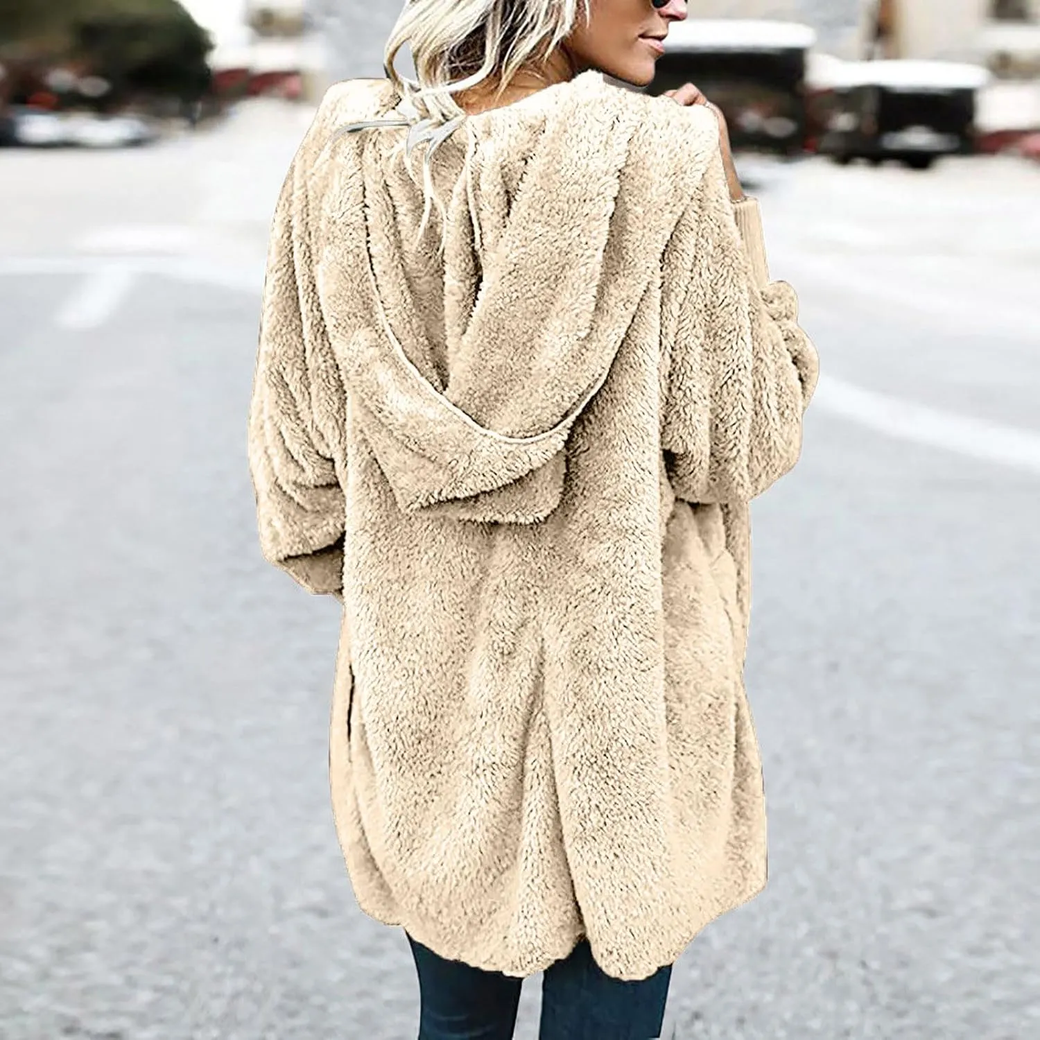 Women 2023 Fall Winter Fleece Jackets Oversized Long Sleeve Open Front Hooded Sherpa Cardigan Warm Fuzzy Coat Outwear