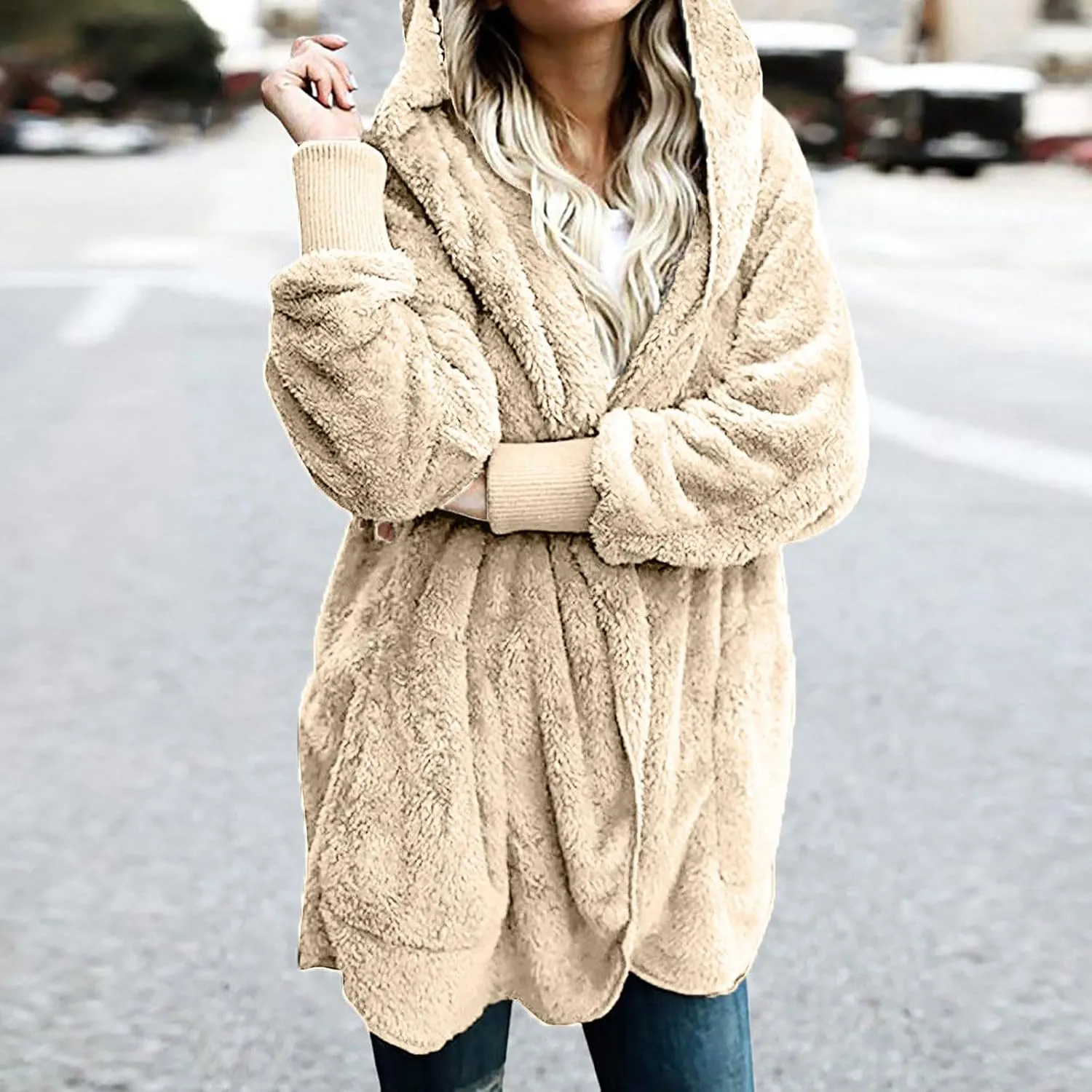 Women 2023 Fall Winter Fleece Jackets Oversized Long Sleeve Open Front Hooded Sherpa Cardigan Warm Fuzzy Coat Outwear