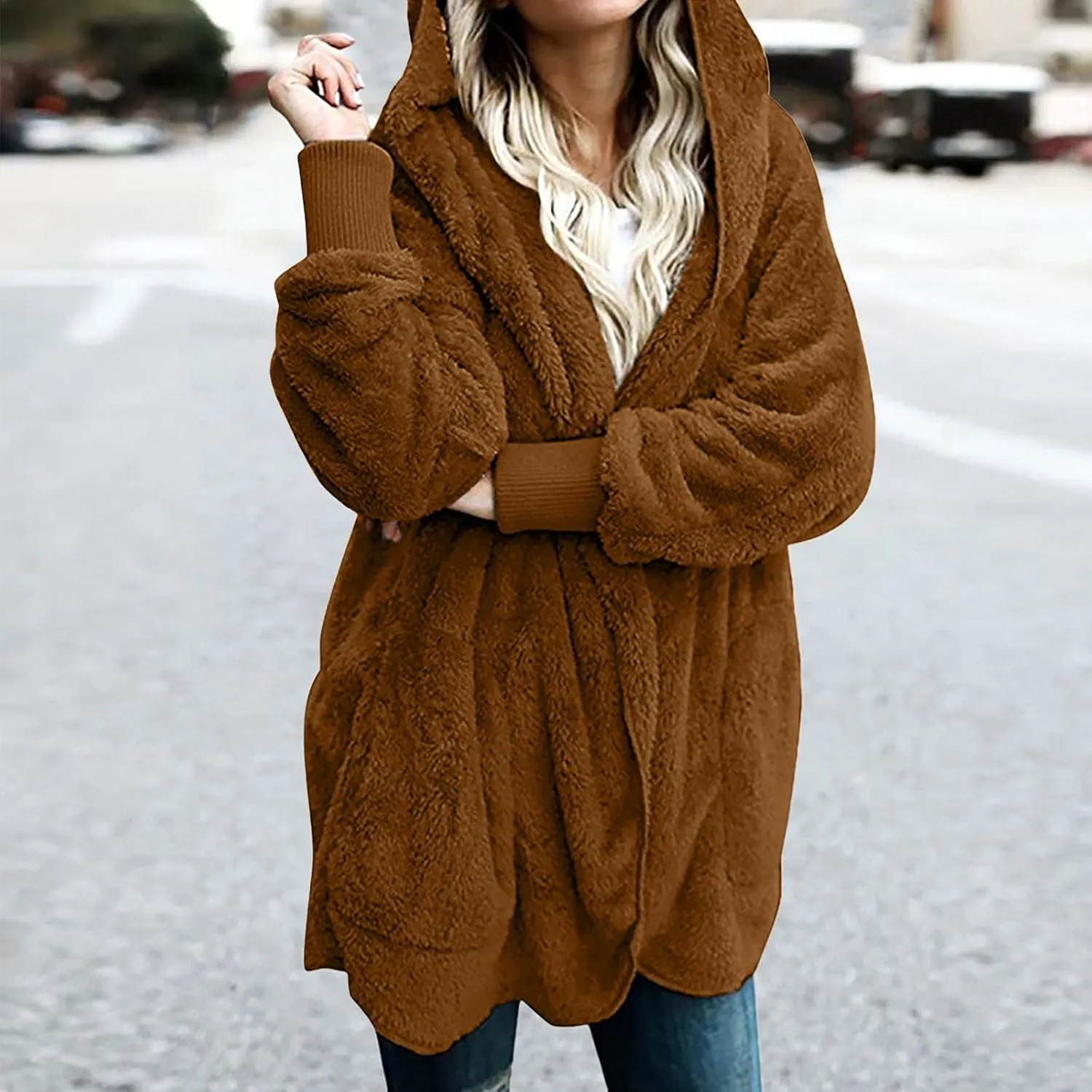 Women 2023 Fall Winter Fleece Jackets Oversized Long Sleeve Open Front Hooded Sherpa Cardigan Warm Fuzzy Coat Outwear