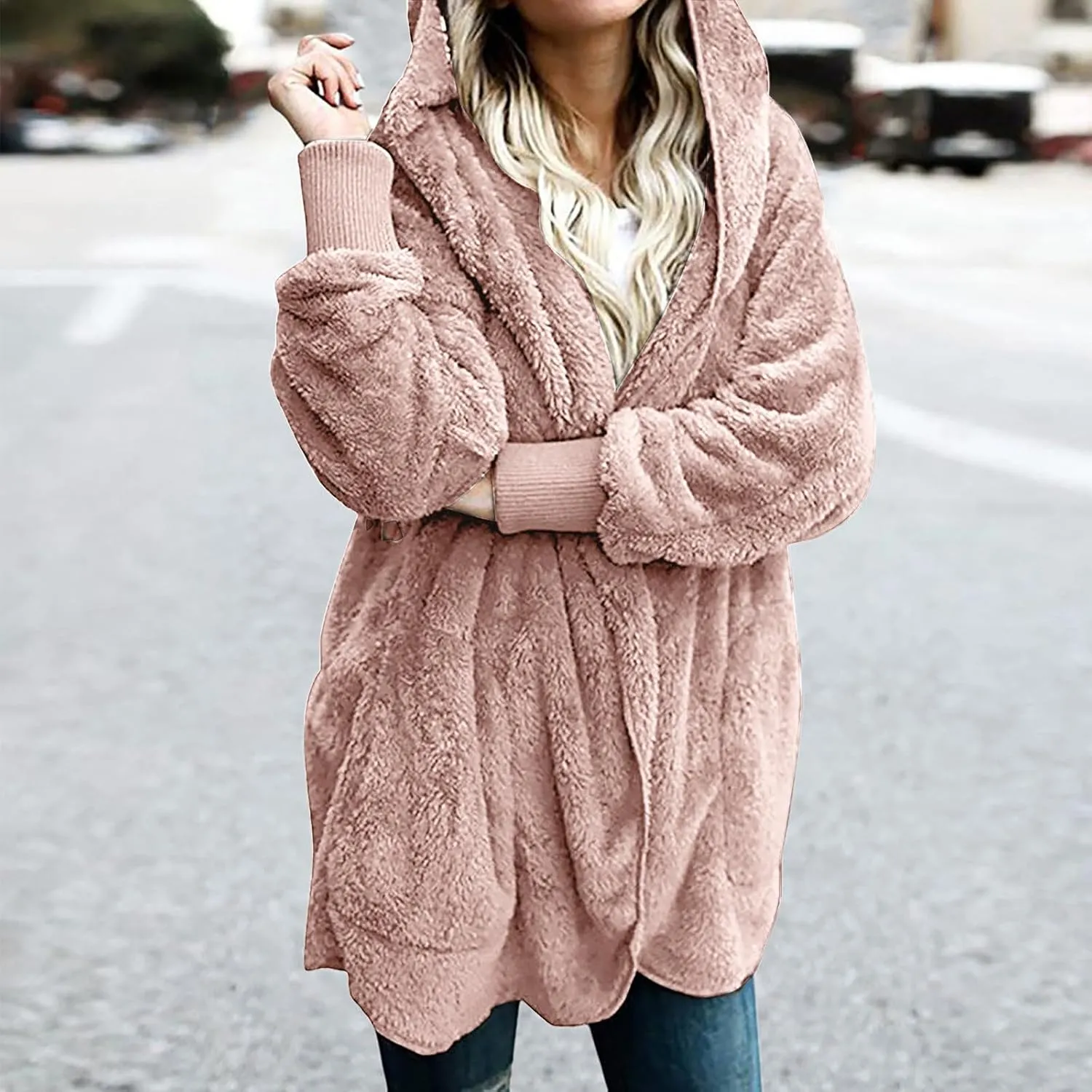 Women 2023 Fall Winter Fleece Jackets Oversized Long Sleeve Open Front Hooded Sherpa Cardigan Warm Fuzzy Coat Outwear