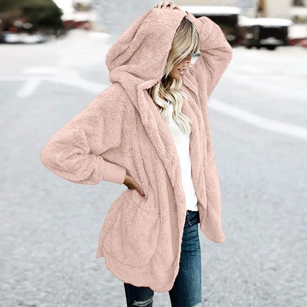 Women 2023 Fall Winter Fleece Jackets Oversized Long Sleeve Open Front Hooded Sherpa Cardigan Warm Fuzzy Coat Outwear