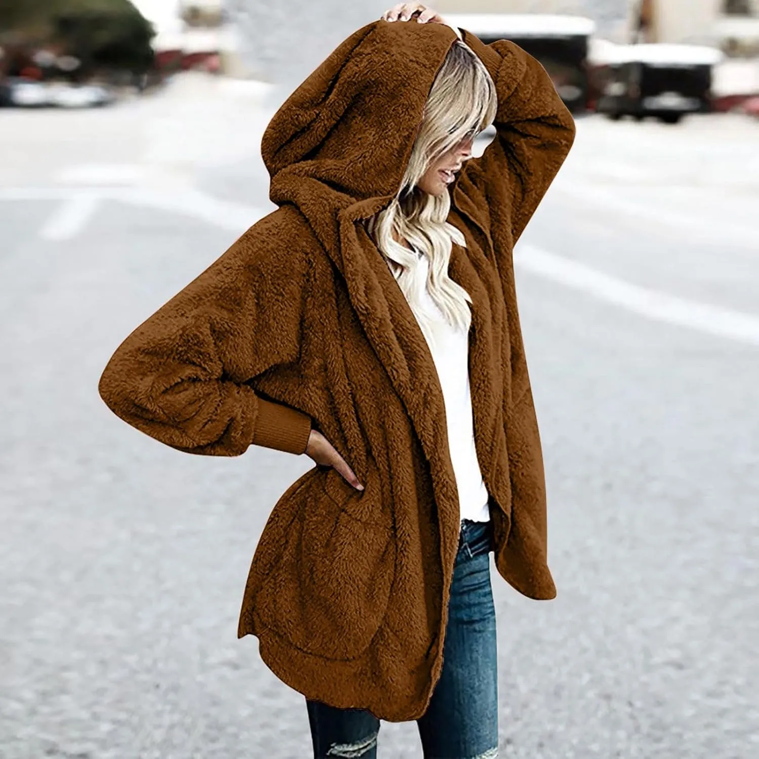 Women 2023 Fall Winter Fleece Jackets Oversized Long Sleeve Open Front Hooded Sherpa Cardigan Warm Fuzzy Coat Outwear