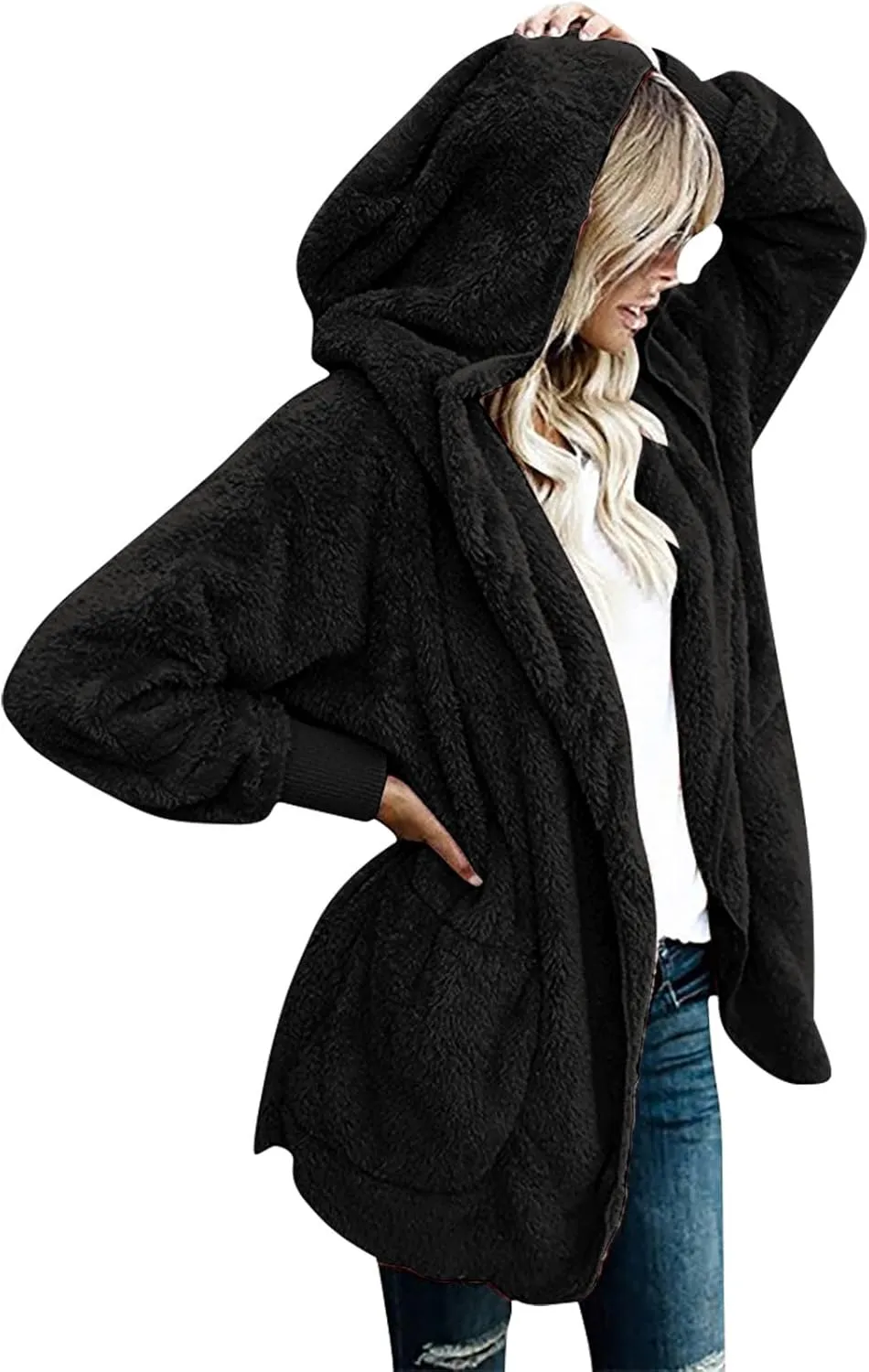 Women 2023 Fall Winter Fleece Jackets Oversized Long Sleeve Open Front Hooded Sherpa Cardigan Warm Fuzzy Coat Outwear
