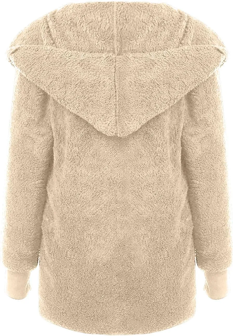 Women 2023 Fall Winter Fleece Jackets Oversized Long Sleeve Open Front Hooded Sherpa Cardigan Warm Fuzzy Coat Outwear