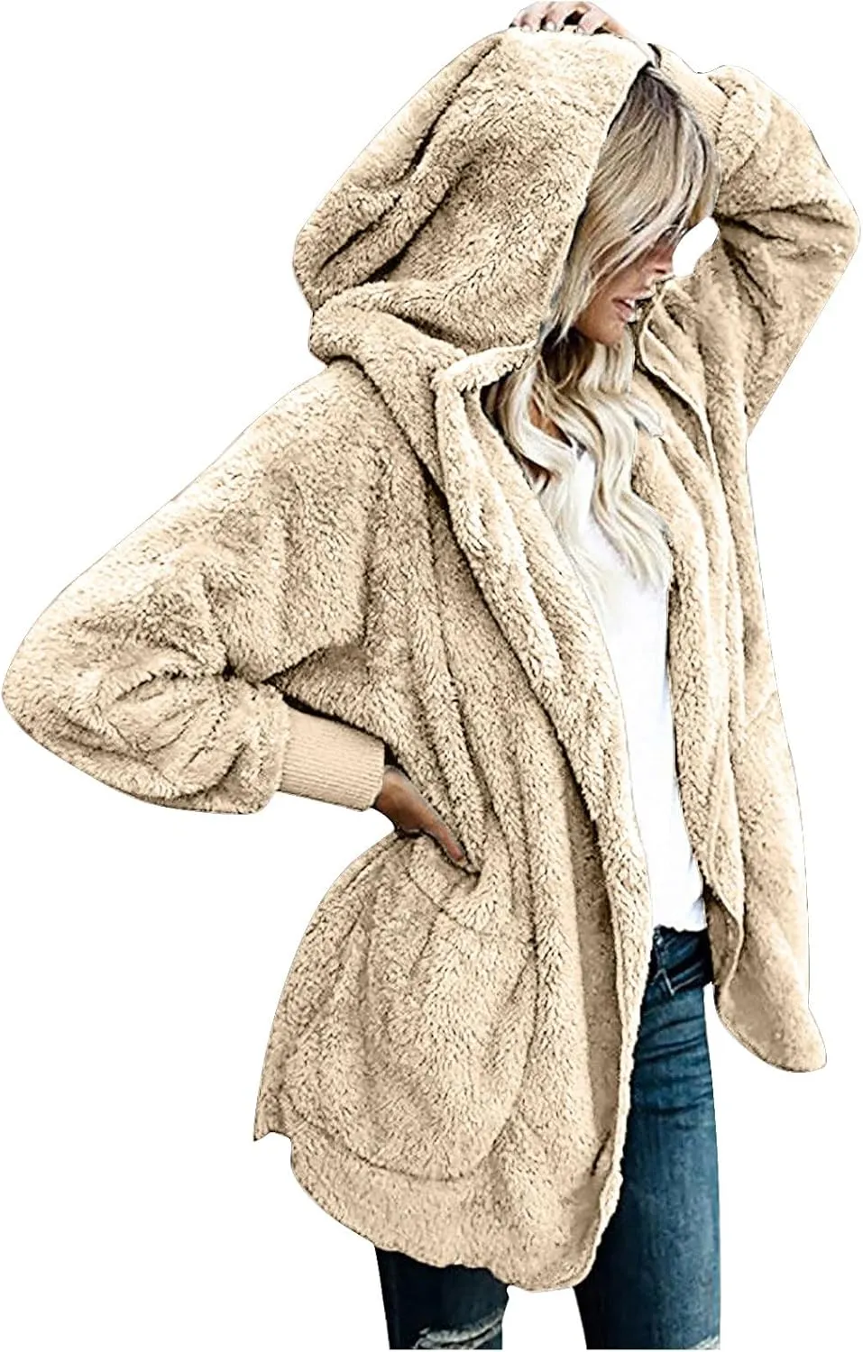 Women 2023 Fall Winter Fleece Jackets Oversized Long Sleeve Open Front Hooded Sherpa Cardigan Warm Fuzzy Coat Outwear