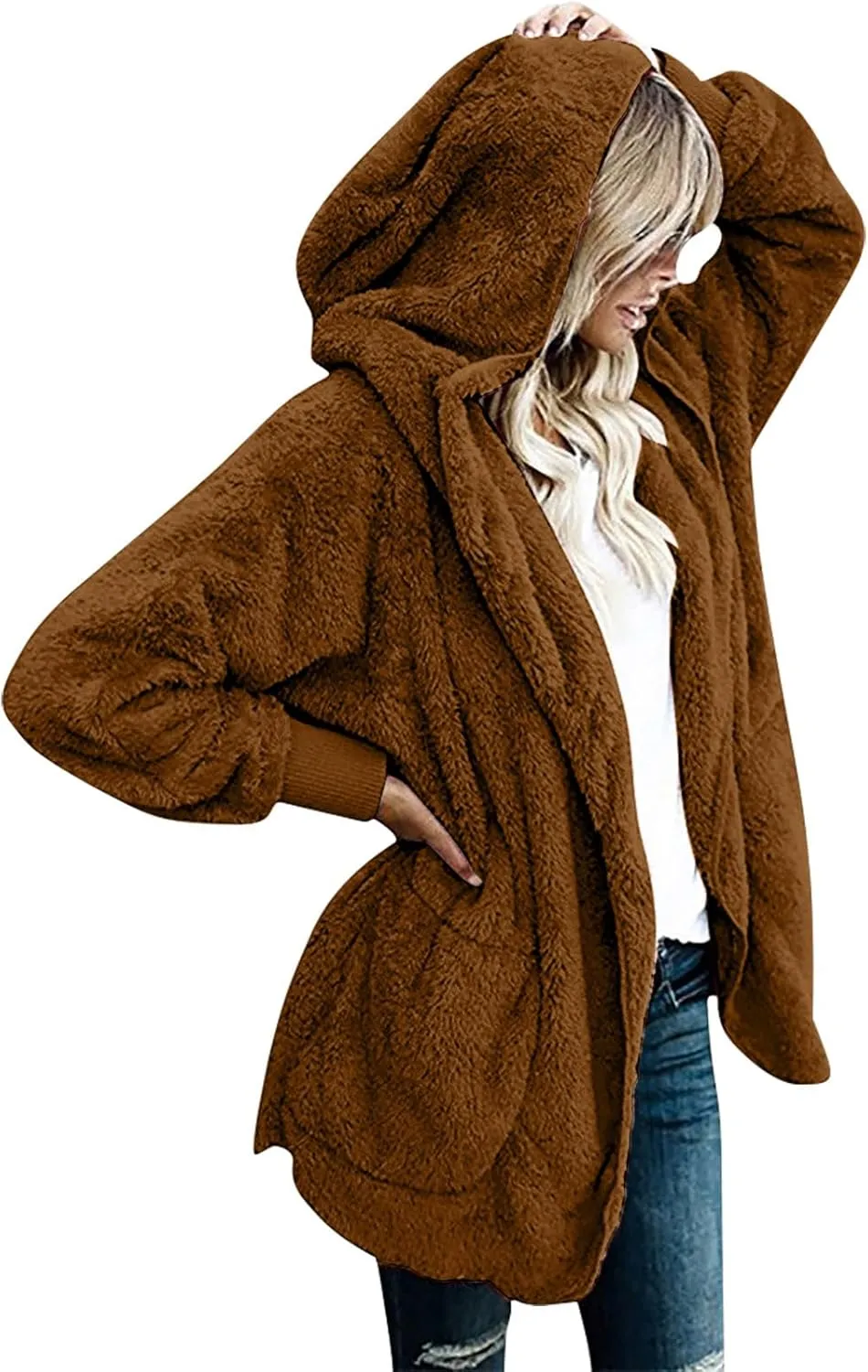 Women 2023 Fall Winter Fleece Jackets Oversized Long Sleeve Open Front Hooded Sherpa Cardigan Warm Fuzzy Coat Outwear