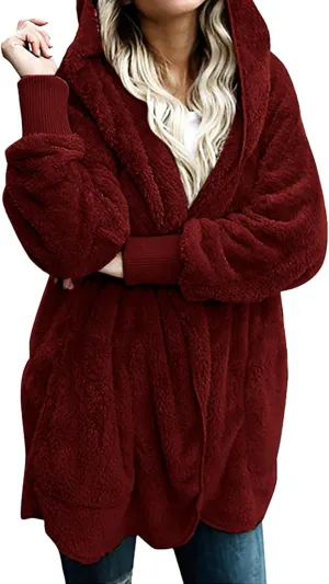 Women 2023 Fall Winter Fleece Jackets Oversized Long Sleeve Open Front Hooded Sherpa Cardigan Warm Fuzzy Coat Outwear