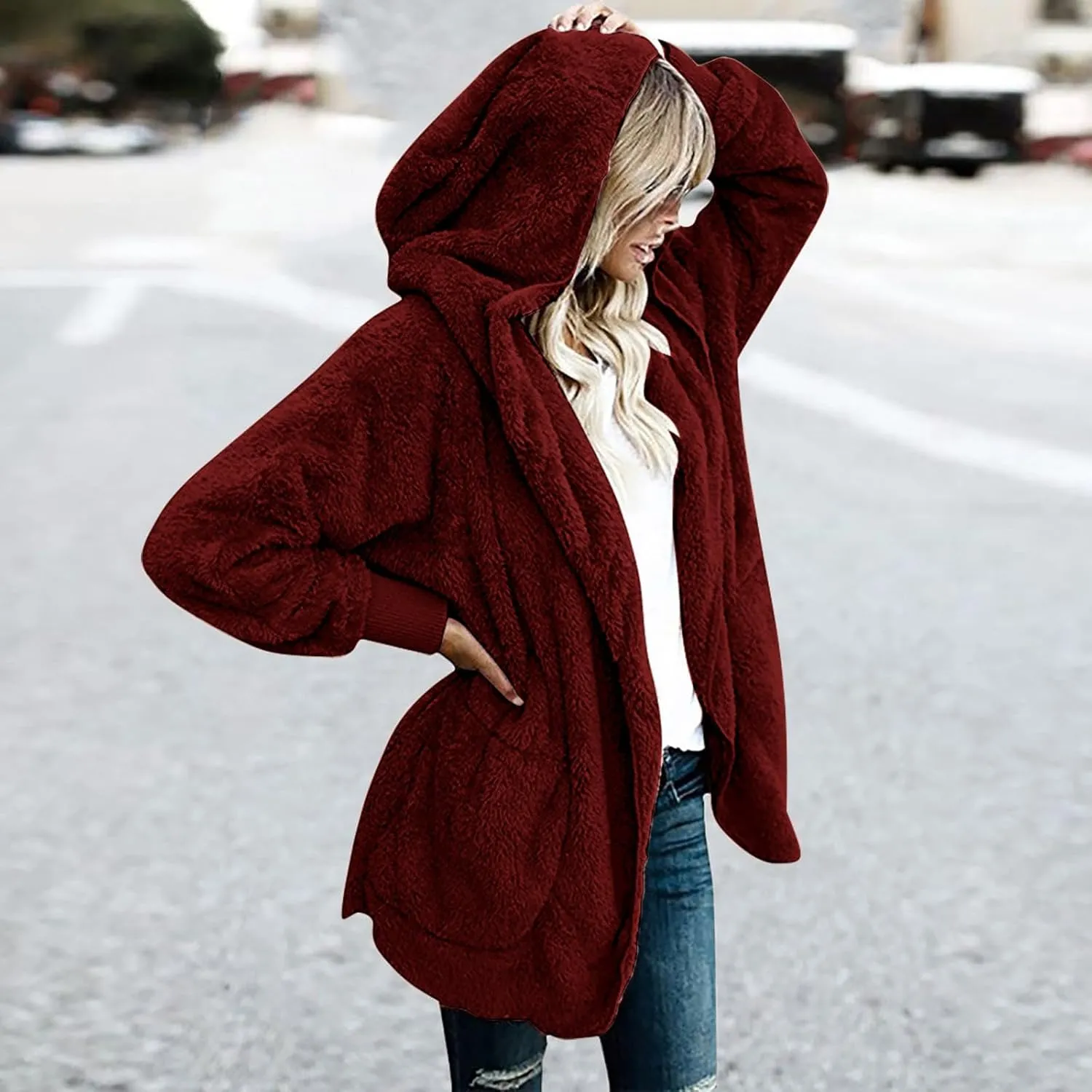 Women 2023 Fall Winter Fleece Jackets Oversized Long Sleeve Open Front Hooded Sherpa Cardigan Warm Fuzzy Coat Outwear