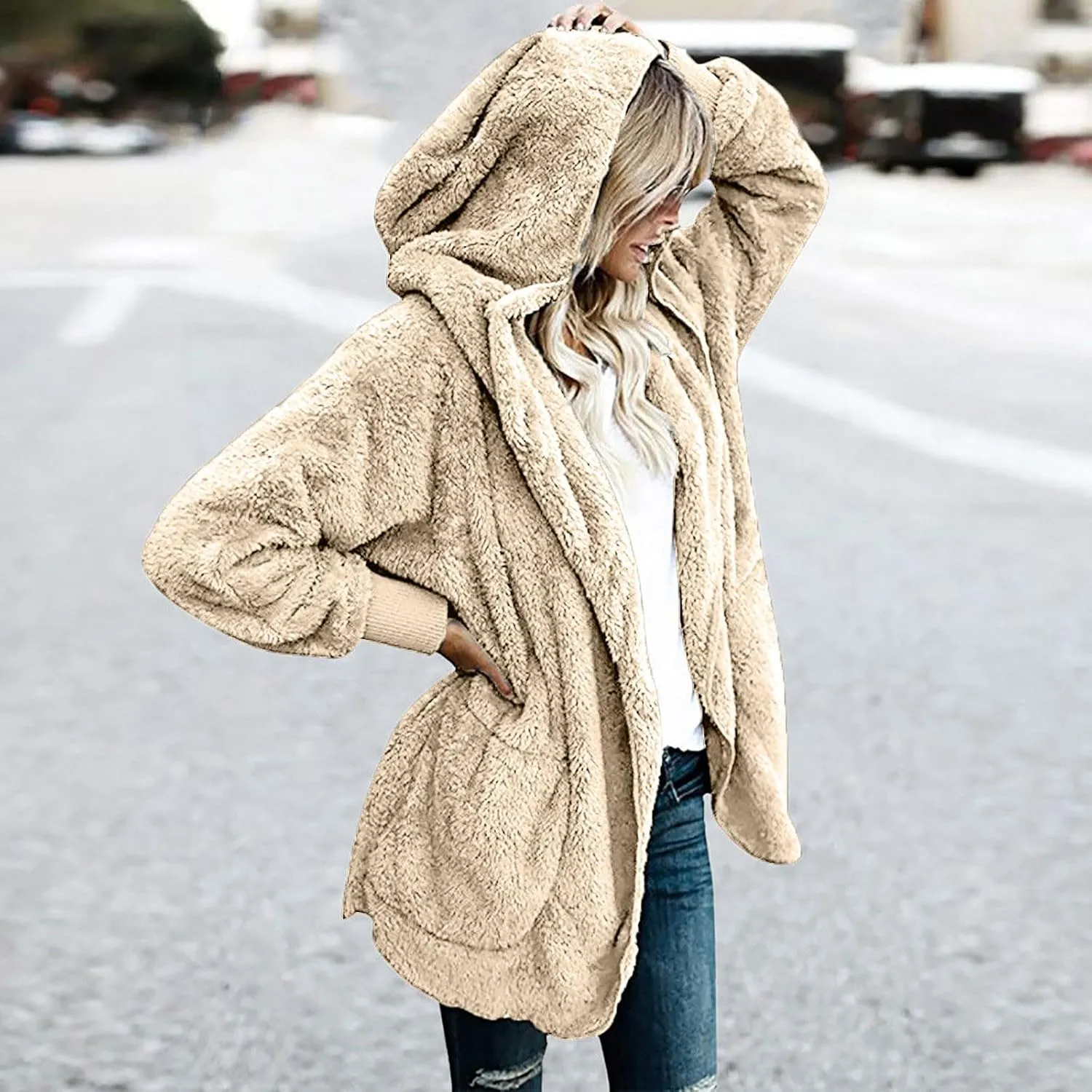 Women 2023 Fall Winter Fleece Jackets Oversized Long Sleeve Open Front Hooded Sherpa Cardigan Warm Fuzzy Coat Outwear