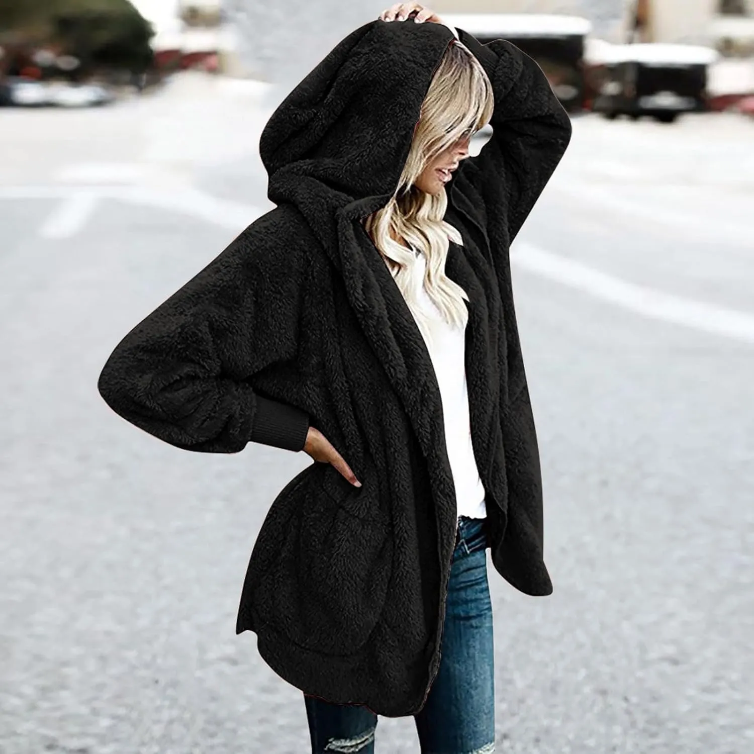 Women 2023 Fall Winter Fleece Jackets Oversized Long Sleeve Open Front Hooded Sherpa Cardigan Warm Fuzzy Coat Outwear