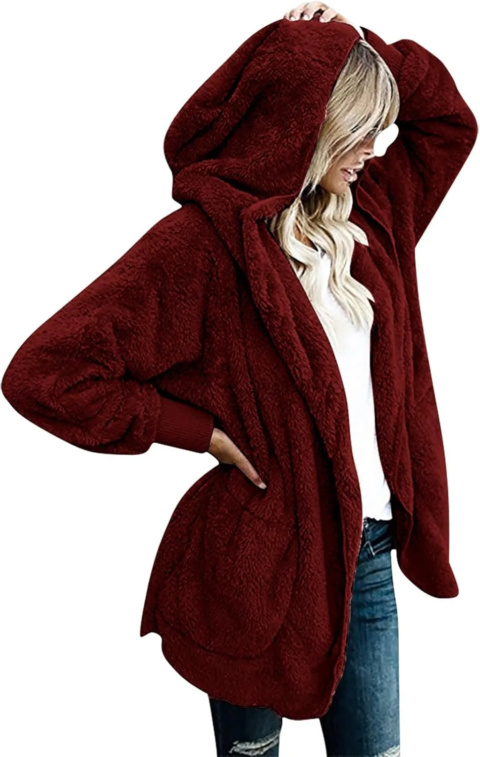 Women 2023 Fall Winter Fleece Jackets Oversized Long Sleeve Open Front Hooded Sherpa Cardigan Warm Fuzzy Coat Outwear