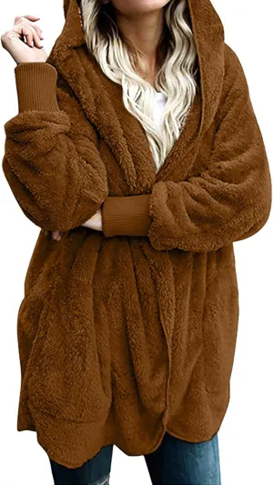 Women 2023 Fall Winter Fleece Jackets Oversized Long Sleeve Open Front Hooded Sherpa Cardigan Warm Fuzzy Coat Outwear