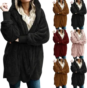 Women 2023 Fall Winter Fleece Jackets Oversized Long Sleeve Open Front Hooded Sherpa Cardigan Warm Fuzzy Coat Outwear