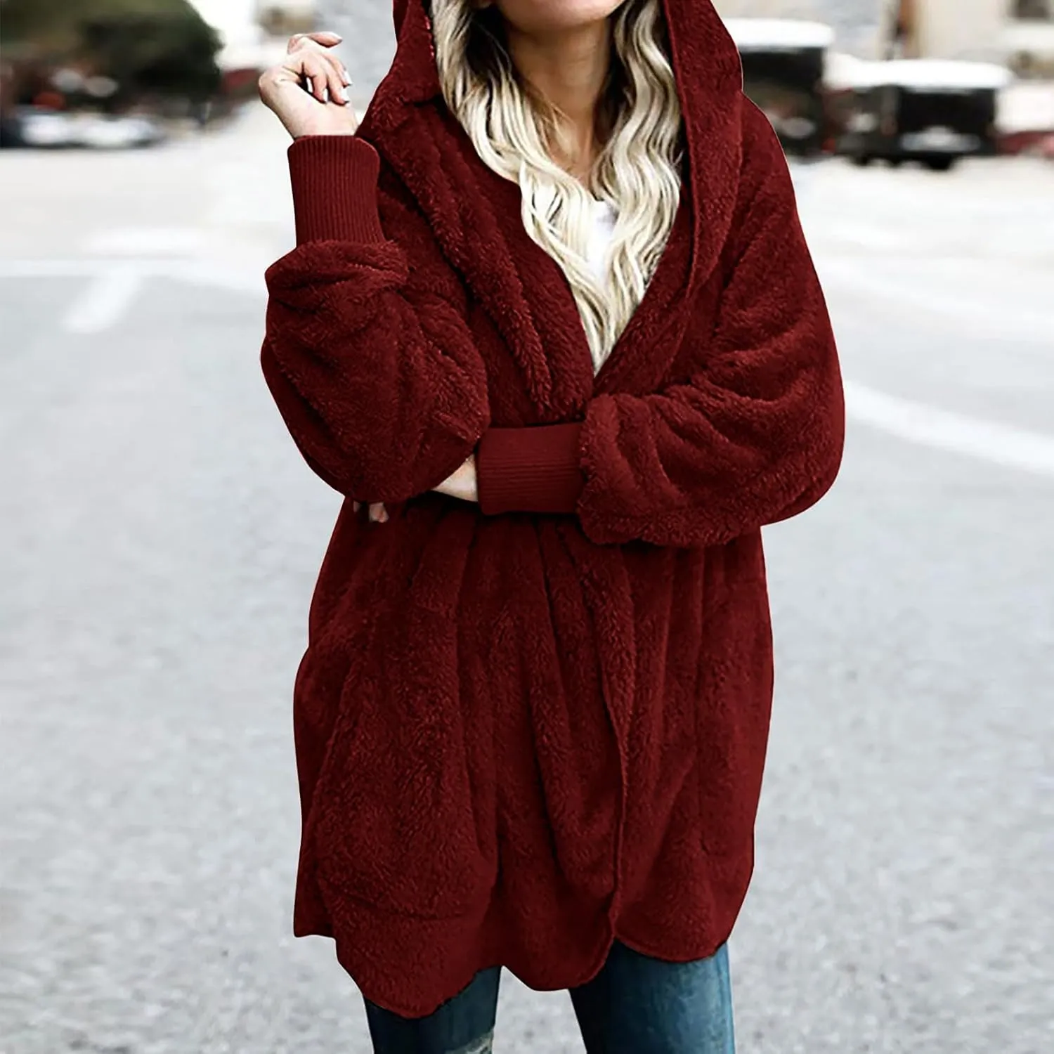 Women 2023 Fall Winter Fleece Jackets Oversized Long Sleeve Open Front Hooded Sherpa Cardigan Warm Fuzzy Coat Outwear