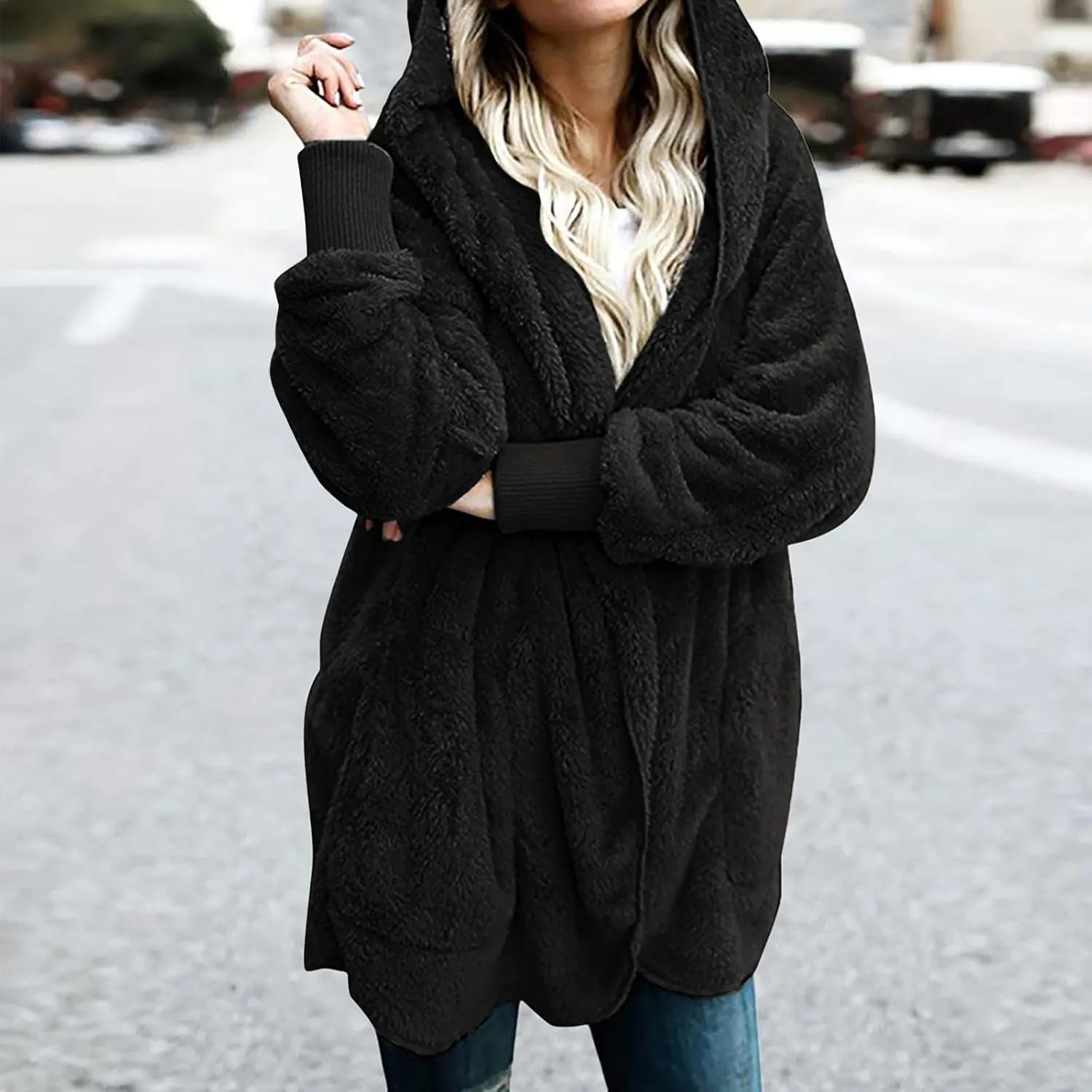 Women 2023 Fall Winter Fleece Jackets Oversized Long Sleeve Open Front Hooded Sherpa Cardigan Warm Fuzzy Coat Outwear