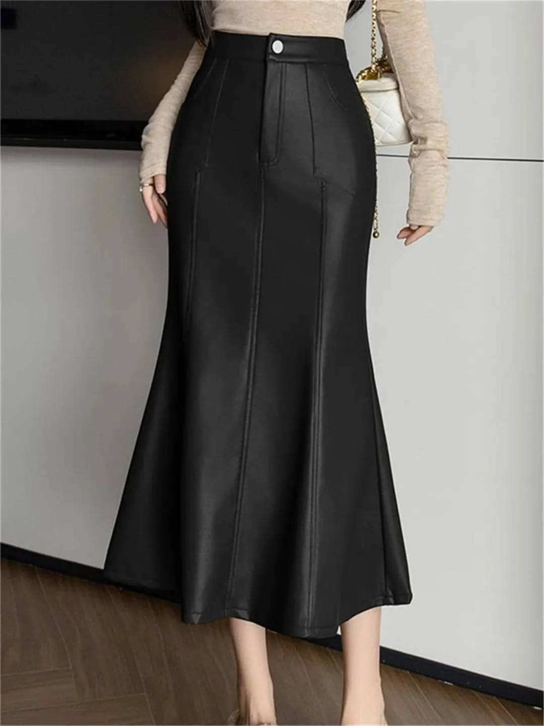 Women Autumn Winter Vintage High Waist PU Leather Skirts for Fishtail Wrapped Pencil Skirts