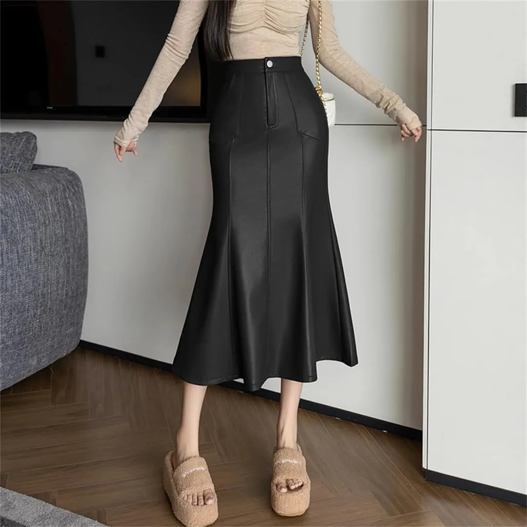 Women Autumn Winter Vintage High Waist PU Leather Skirts for Fishtail Wrapped Pencil Skirts