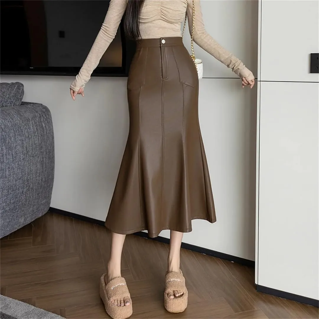 Women Autumn Winter Vintage High Waist PU Leather Skirts for Fishtail Wrapped Pencil Skirts