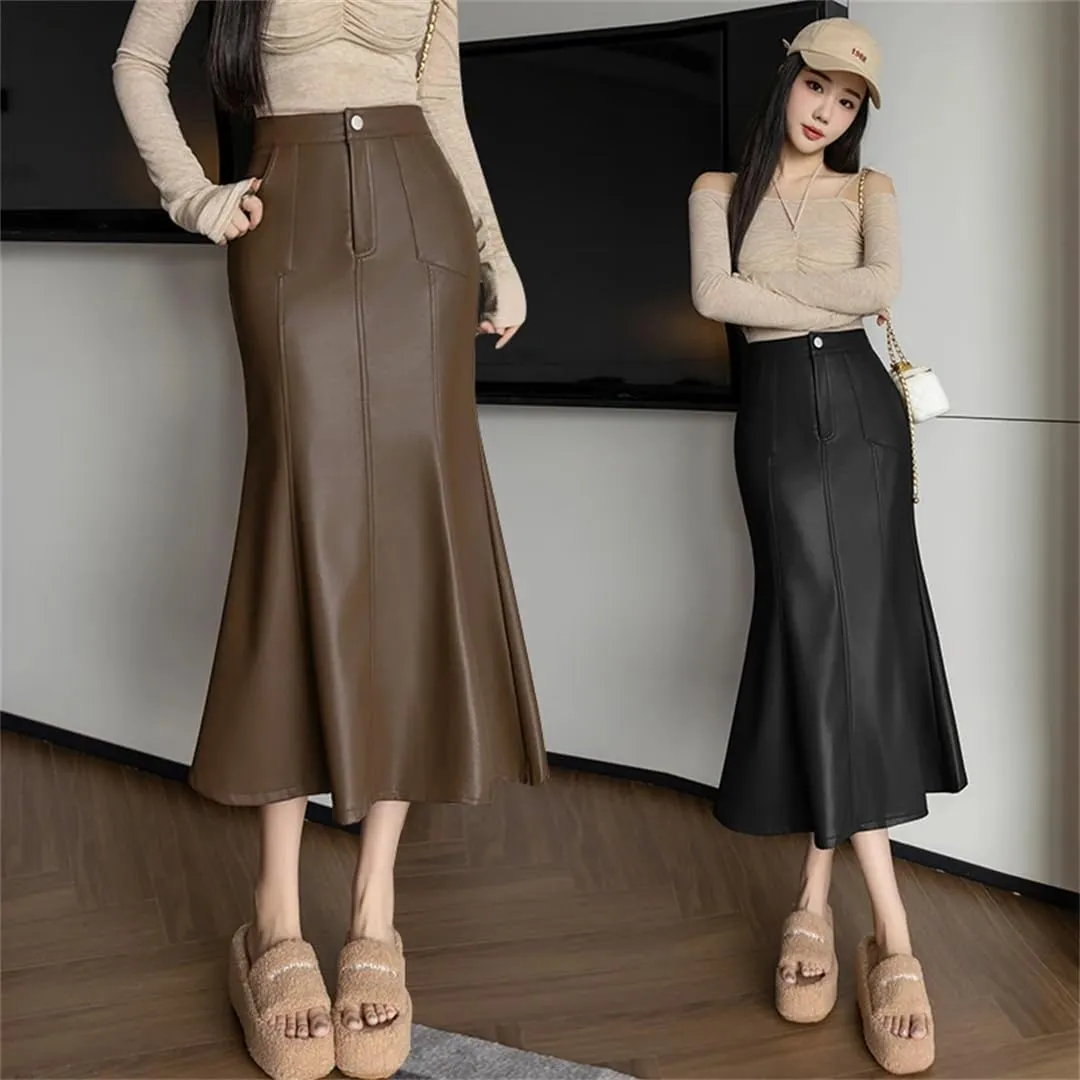 Women Autumn Winter Vintage High Waist PU Leather Skirts for Fishtail Wrapped Pencil Skirts