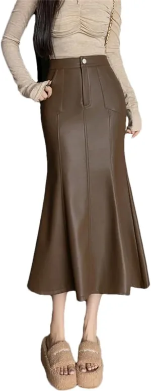 Women Autumn Winter Vintage High Waist PU Leather Skirts for Fishtail Wrapped Pencil Skirts