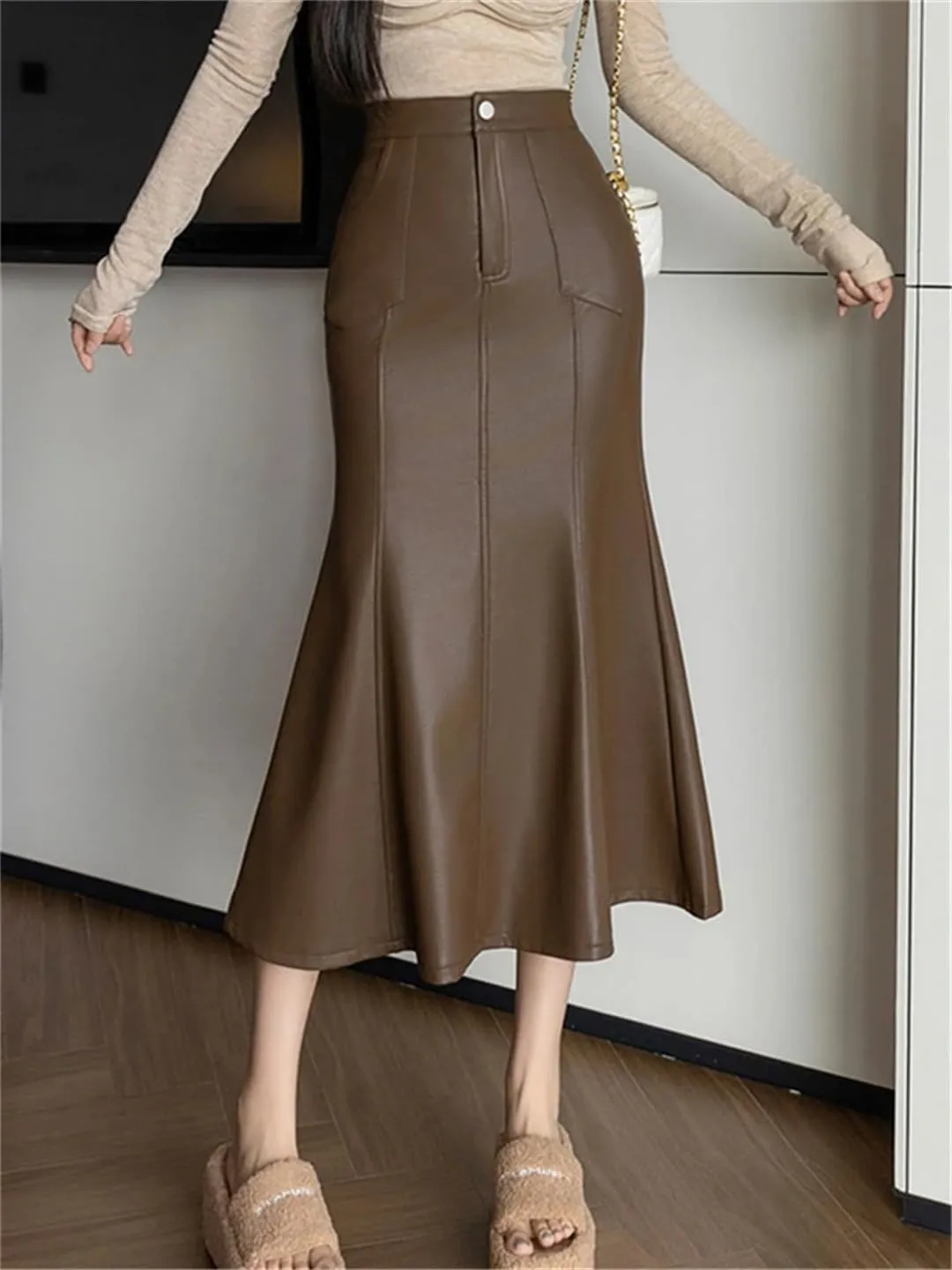 Women Autumn Winter Vintage High Waist PU Leather Skirts for Fishtail Wrapped Pencil Skirts