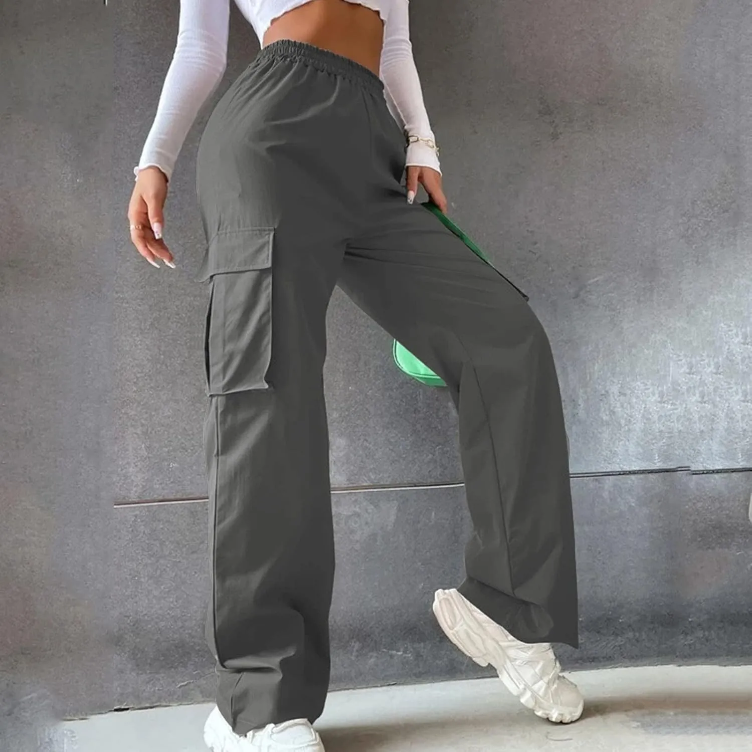 Women Cargo Pants with Pockets Elastic High Waist Casual Work Pants Dressy Straight Wide Leg Trousers 2025 Trendy