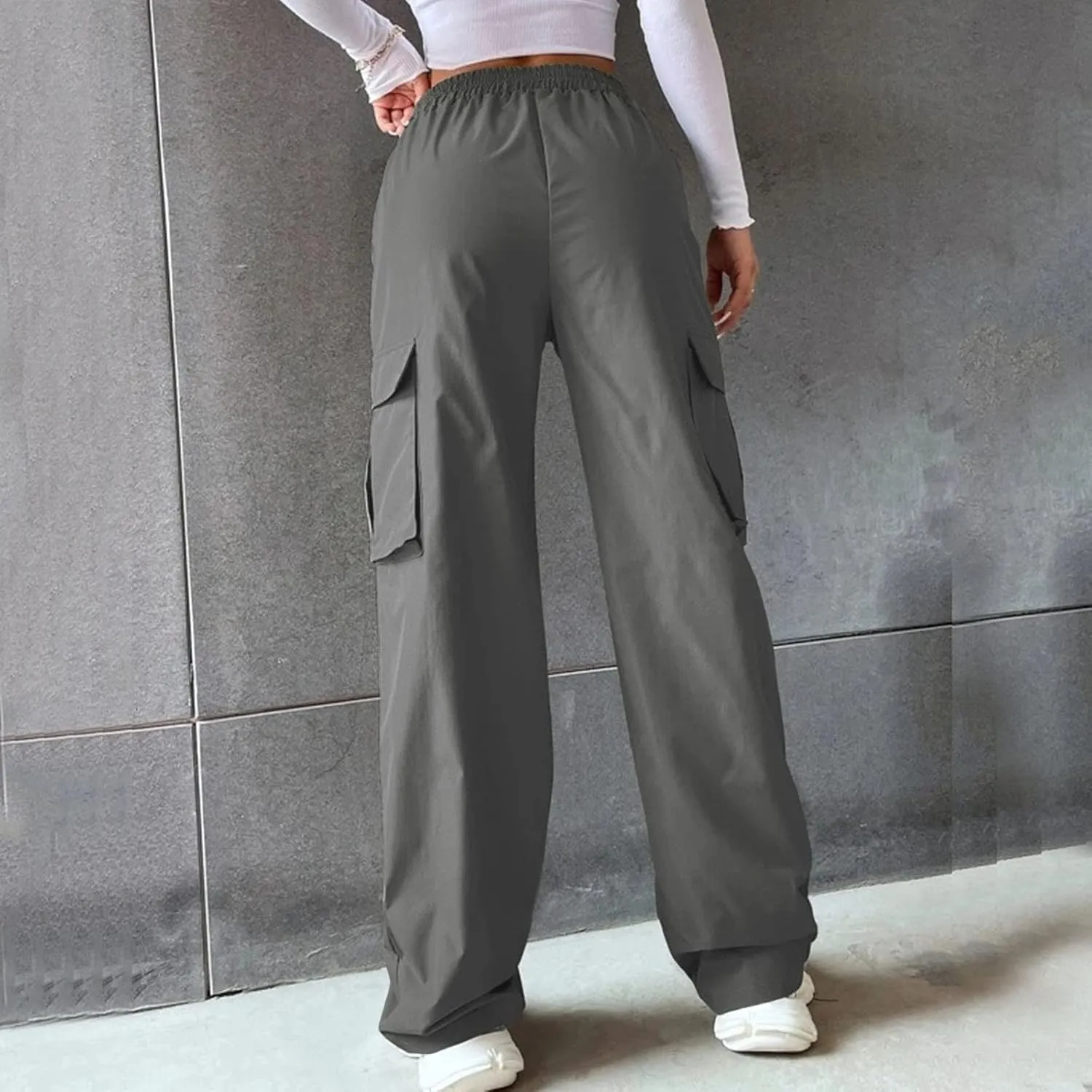 Women Cargo Pants with Pockets Elastic High Waist Casual Work Pants Dressy Straight Wide Leg Trousers 2025 Trendy