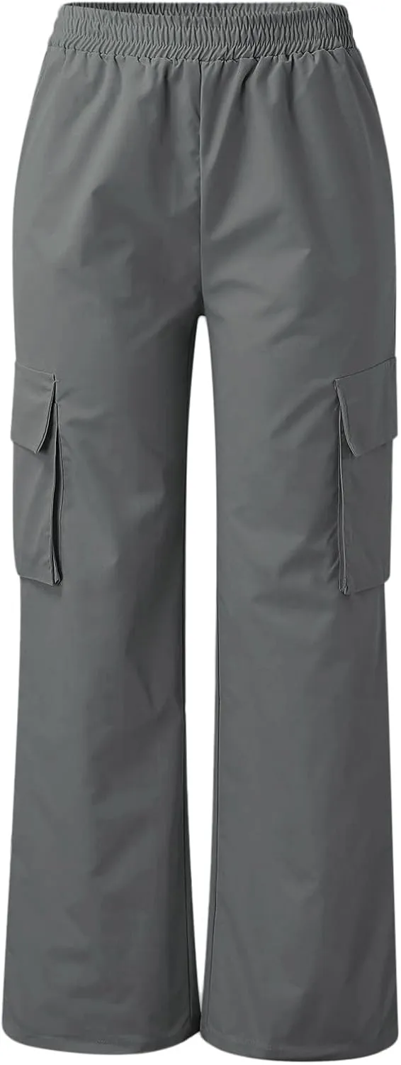 Women Cargo Pants with Pockets Elastic High Waist Casual Work Pants Dressy Straight Wide Leg Trousers 2025 Trendy