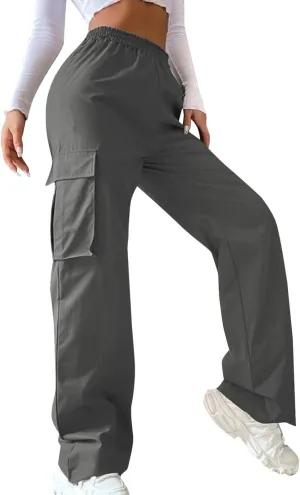 Women Cargo Pants with Pockets Elastic High Waist Casual Work Pants Dressy Straight Wide Leg Trousers 2025 Trendy