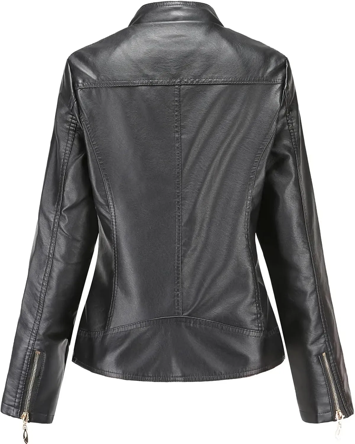 Women Faux Leather Jacket Spring Black Long Sleeve Moto Biker Zipper Short Coat