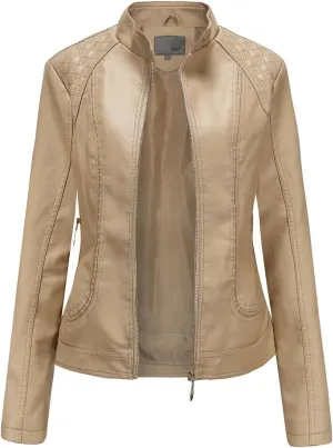 Women Faux Leather Jacket Spring Black Long Sleeve Moto Biker Zipper Short Coat
