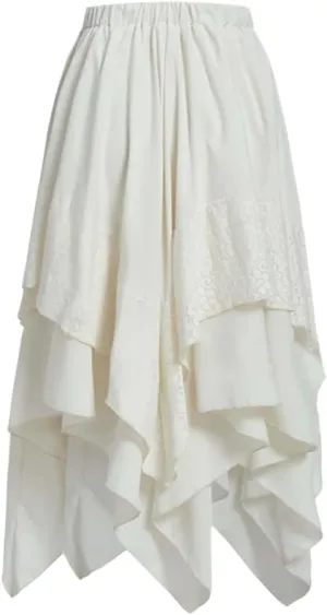 Women Goth Midi Skirt Layered Asymmetric Skirt Lace Ruffle Pleated Skirt