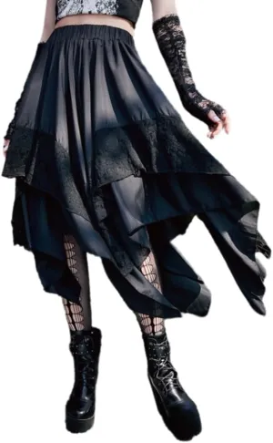 Women Goth Midi Skirt Layered Asymmetric Skirt Lace Ruffle Pleated Skirt