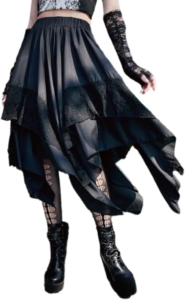 Women Goth Midi Skirt Layered Asymmetric Skirt Lace Ruffle Pleated Skirt
