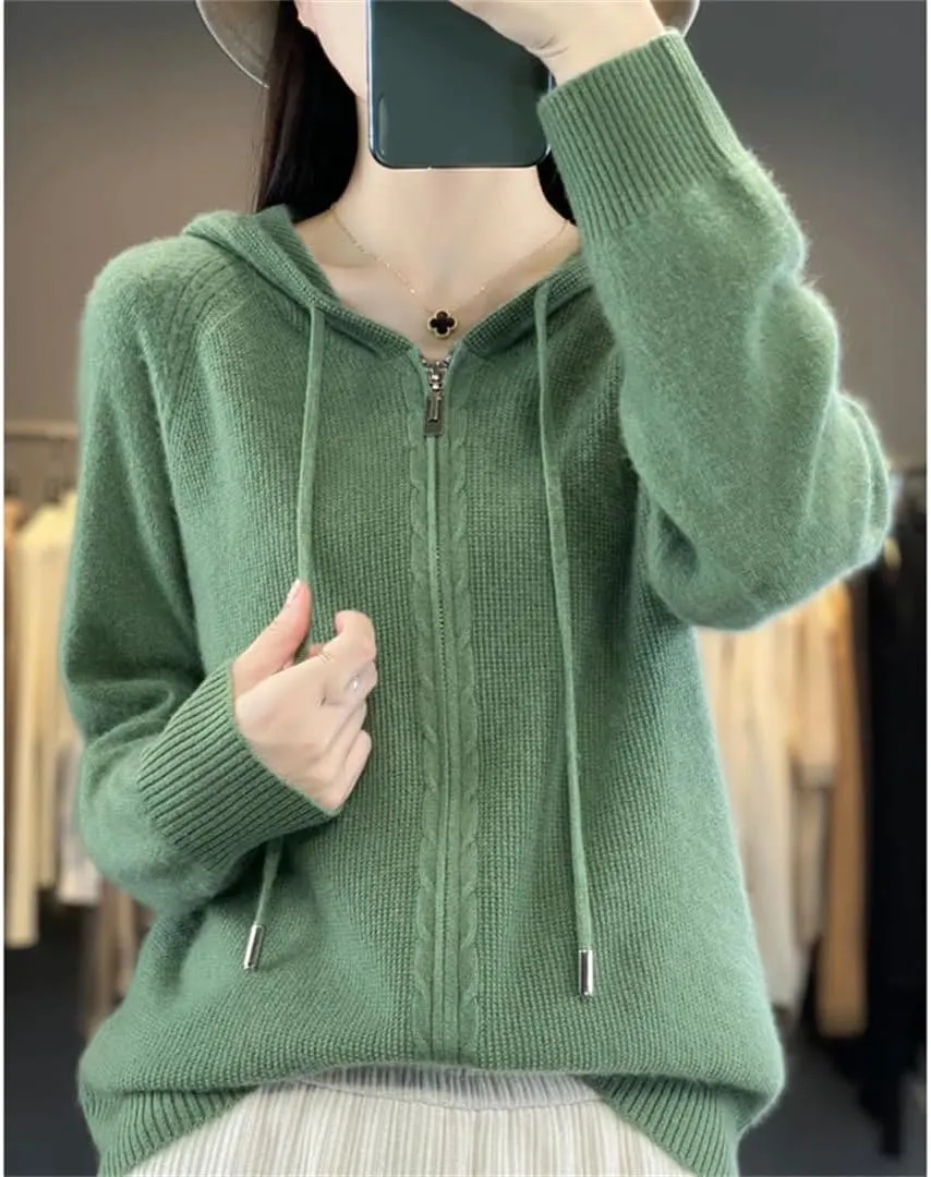 Women Hooded Zippered Cardigan Cashmere Sweater