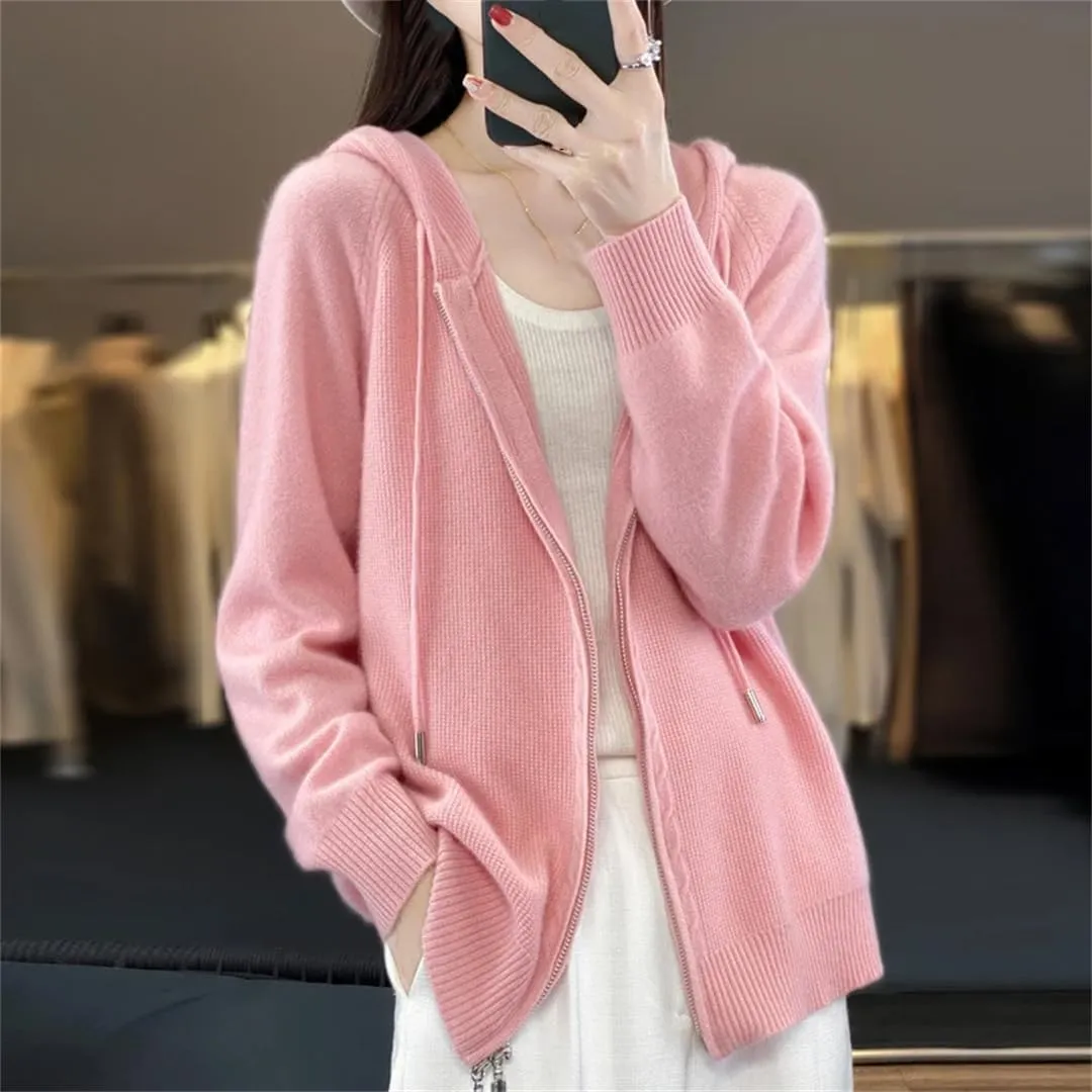 Women Hooded Zippered Cardigan Cashmere Sweater