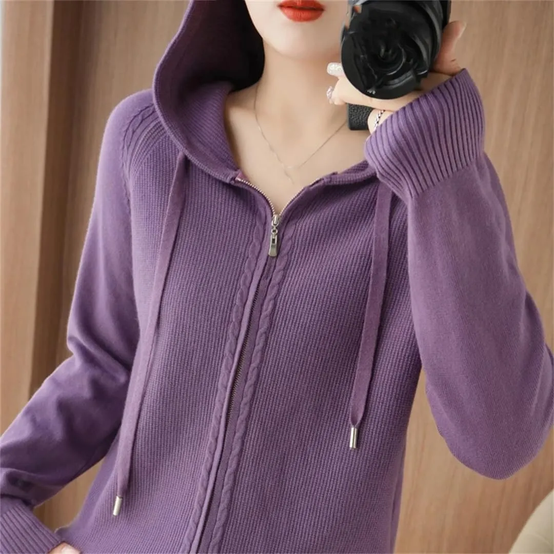 Women Hooded Zippered Cardigan Cashmere Sweater