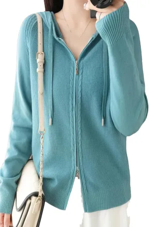 Women Hooded Zippered Cardigan Cashmere Sweater