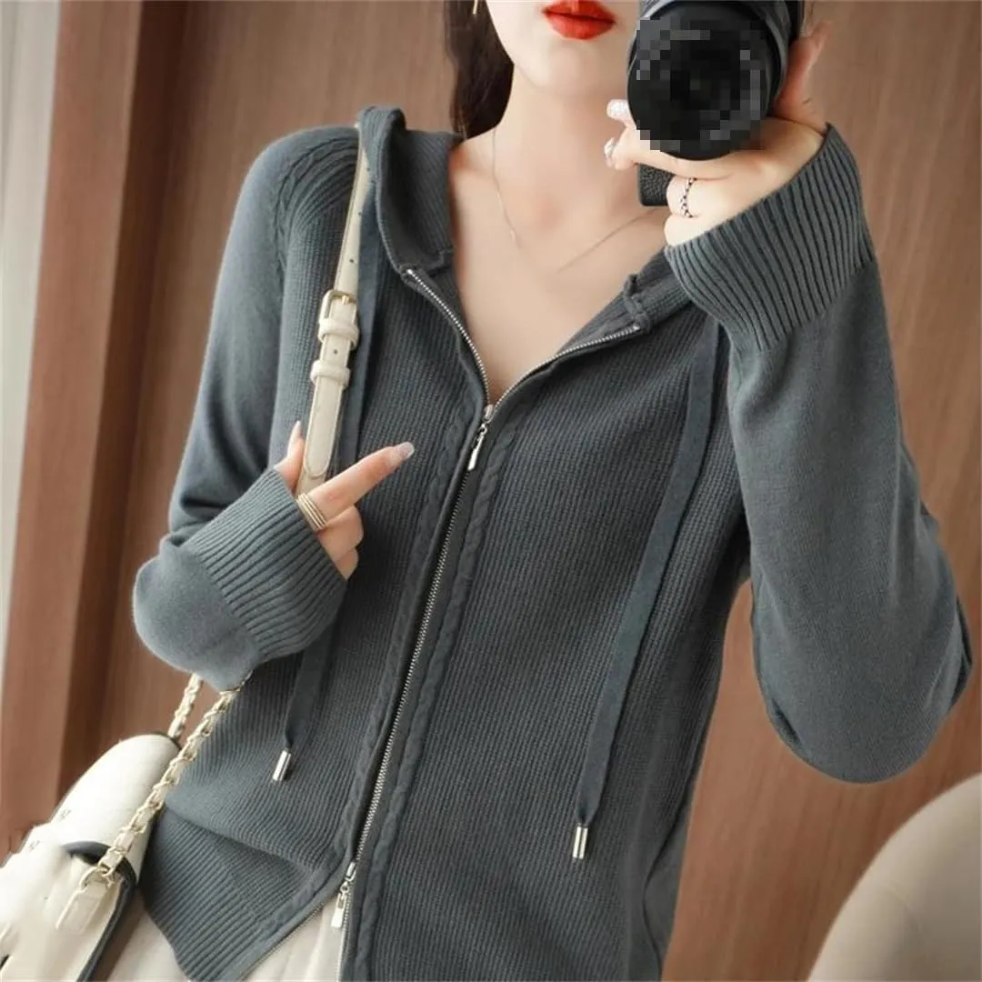 Women Hooded Zippered Cardigan Cashmere Sweater