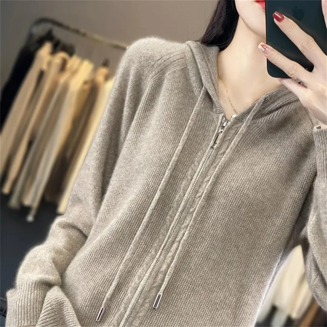 Women Hooded Zippered Cardigan Cashmere Sweater