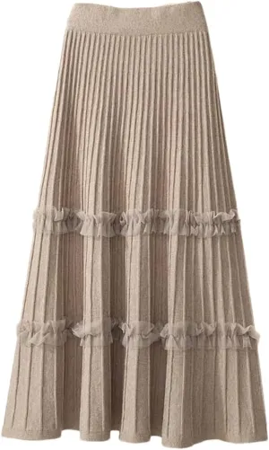 Women Lace Ruffle Knitted Midi Pleated Skirt High Waist Umbrella Solid Skirt Stitching A-Line Skirt